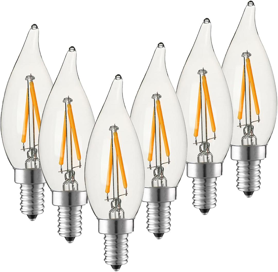 Dimmable LED Candelabra Bulb 25W Equivalent E12 LED Bulb 2700K Soft Warm White, Chandelier Light Bulbs, 2W 200LM Flame Tip CA10 Candle Light Bulb 6 Pack e12 Bulb.