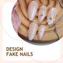 White French Tip Press on Nails Medium Almond Fake Nails with Gold Beads Designs Cute 3D Flower Seashell False Nails Glossy Elegant Ribbon False Nails Reusable Stick on Nails for Women 24Pcs