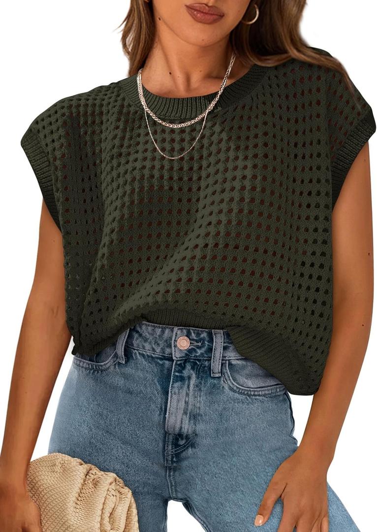 PRETTYGARDEN Womens Spring Tops 2026 Summer Shirts Crochet Cap Sleeve Sweater Pullover Cute Beach Vacation Clothes (Green, M)