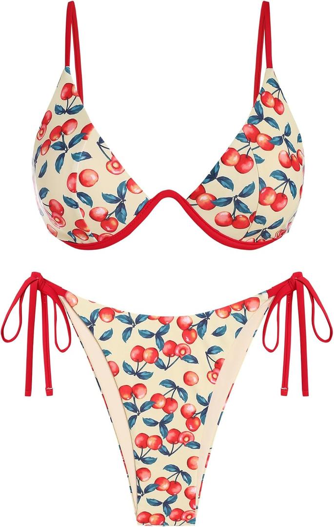 ZAFUL Women's Bikini Sets Ribbed Two Piece Swimsuits Underwire Adjustable Back Clasp Bathing Suit Side Tie Thong Swimwear (Cherry) S