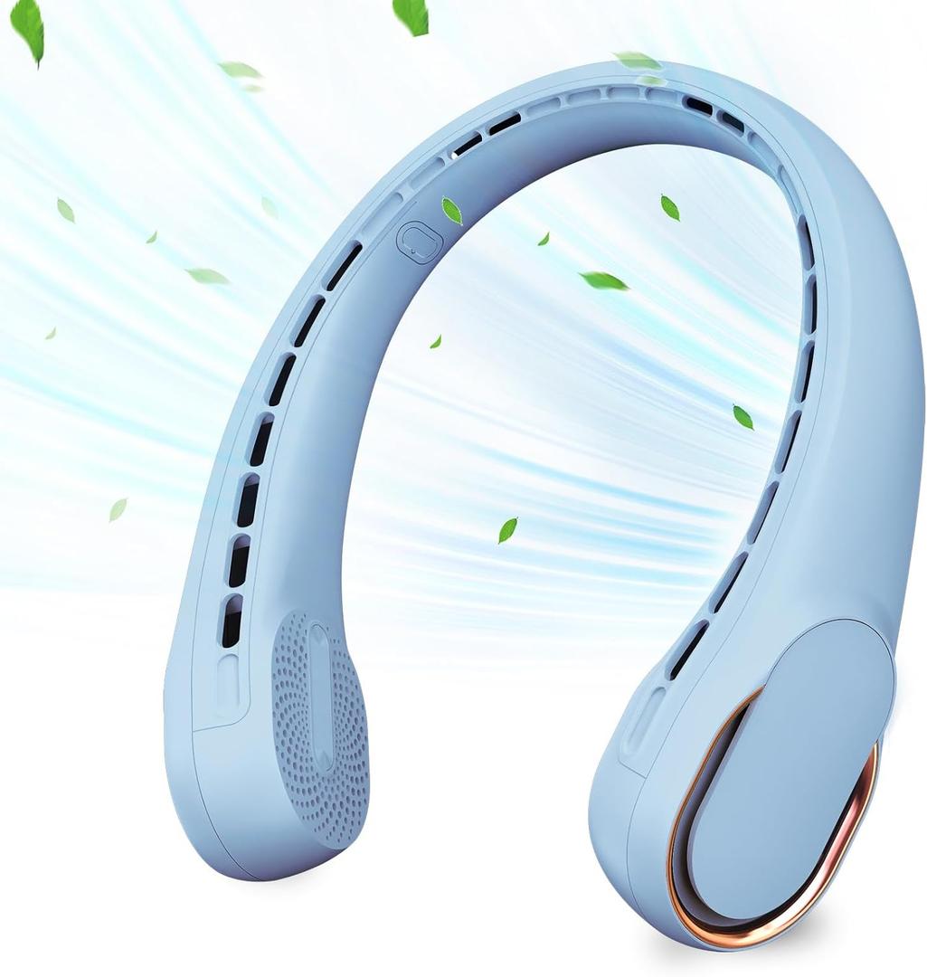 Neck Fan, Bladeless Neck Fan, USB Rechargeable Personal Fan, 4000 mAh Battery Operated Wearable Fan, 3 Speeds Adjustable,Faster Cooling, Ultra Quiet, Suitable for Home, Office, Travel, Sports (Light Blue)