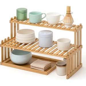 Kathfly 18.5" 2-tier Matcha Station Shelf Stand with 13" Bamboo Matcha Tea Serving Tray Coffee Station Organizer Coffee Bar Storage Rack Mug Holder Countertop for Desktop Flower Pot Cup(Bamboo Color)