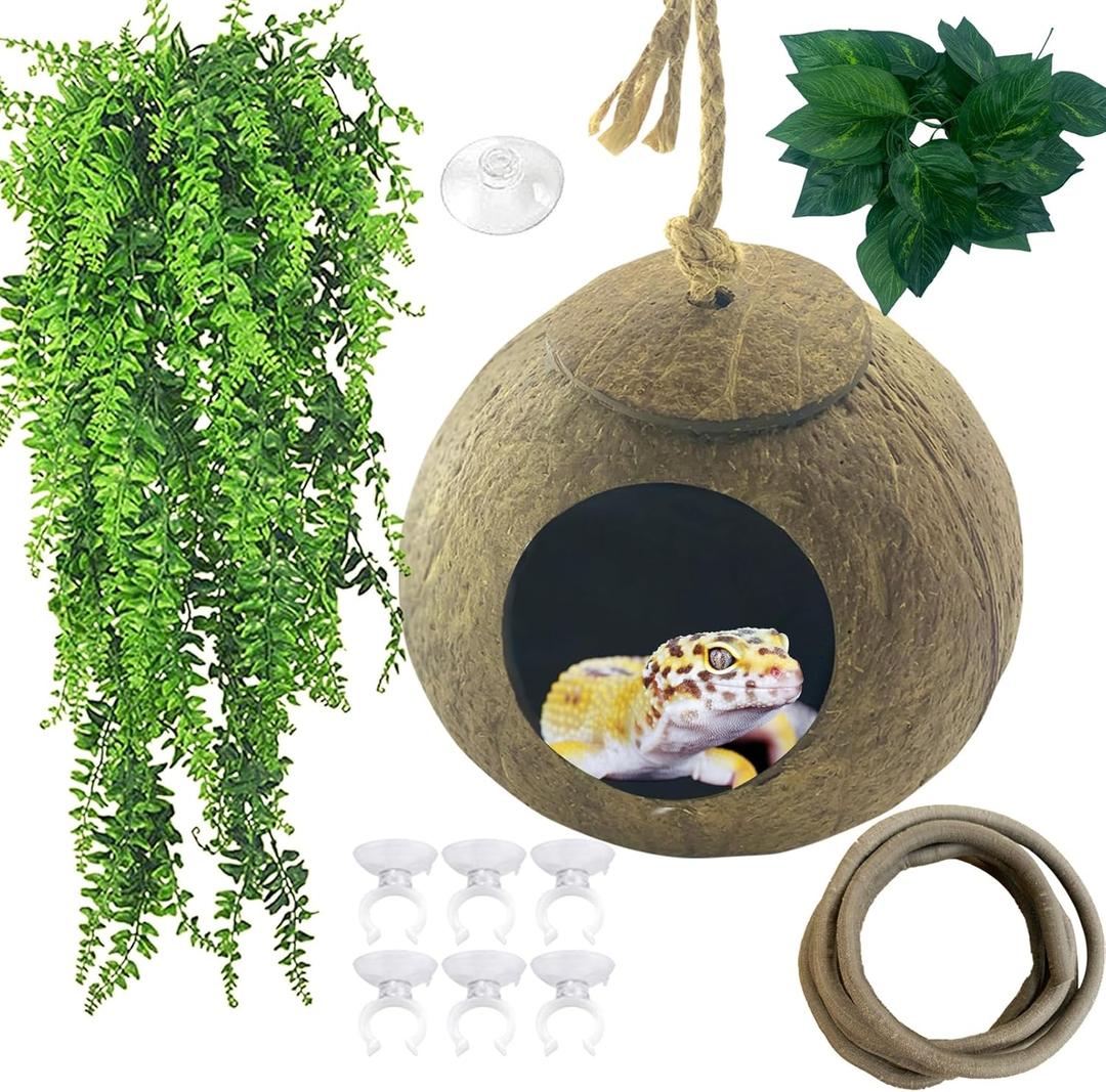 Crested Gecko Coconut Hut,Leopard Gecko Natural Coco Shell Den Reptiles Habitat Durable Hanging Cave Hideouts Plants Climbing Decoration for Amphibians and Small Animals(4 Pcs)