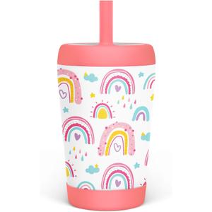 Kid Insulated Stainless Steel Tumbler with Silicone Straw, 12oz Sippy Cup for Kids (Sweet Rainbows)