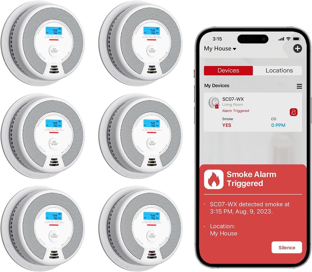 X-Sense Smart Smoke Detector Carbon Monoxide Detector Combo with Replaceable Battery, Wi-Fi Smoke and Carbon Monoxide Detector with Real-Time App Notifications, SC07-WX, 6-Pack