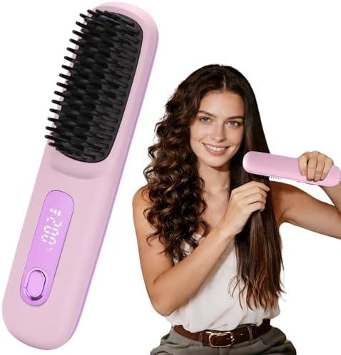 Upgrade 6400 mAh Cordless Hair Straightener Brush Portable Mini Hair Straightener with Long Battery Life, 2026 New Travel Rechargeable Straightening Comb with Temperature Display for Women(Purple)