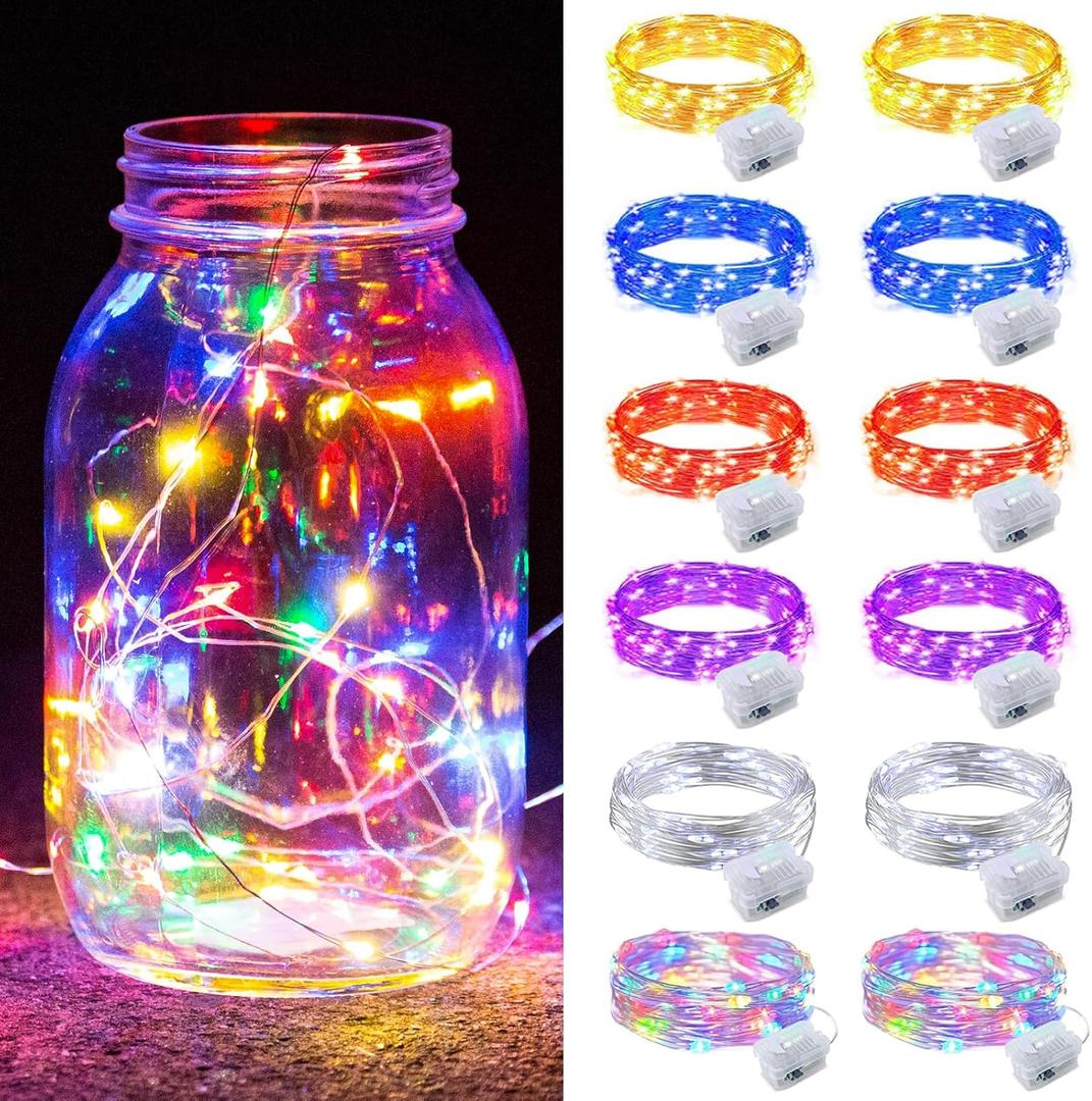 ZGWJ 12 Pack Fairy Lights Battery Operated, 7ft 20 Mini LED Fairy String Lights Silver Wire 3 Modes for DIY, Parties, Wedding, Bedroom, Halloween Christmas Decoration 6 Mixed-Color