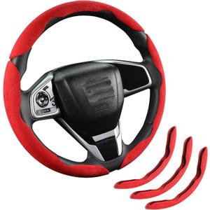 Premium Suede Car Steering Wheel Cover, Non-Slip Segmented, Suitable for Car, SUV, Truck, O/D Shape, 14.5-16inches Steering Wheel Protector,Universal Auto Accessories (red, 3pcs)