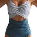Eomenie Women's One Piece Swimsuits Tummy Control Cutout High Waisted Bathing Suit Wrap Tie Back 1 Piece Swimsuit Blue Striped, M