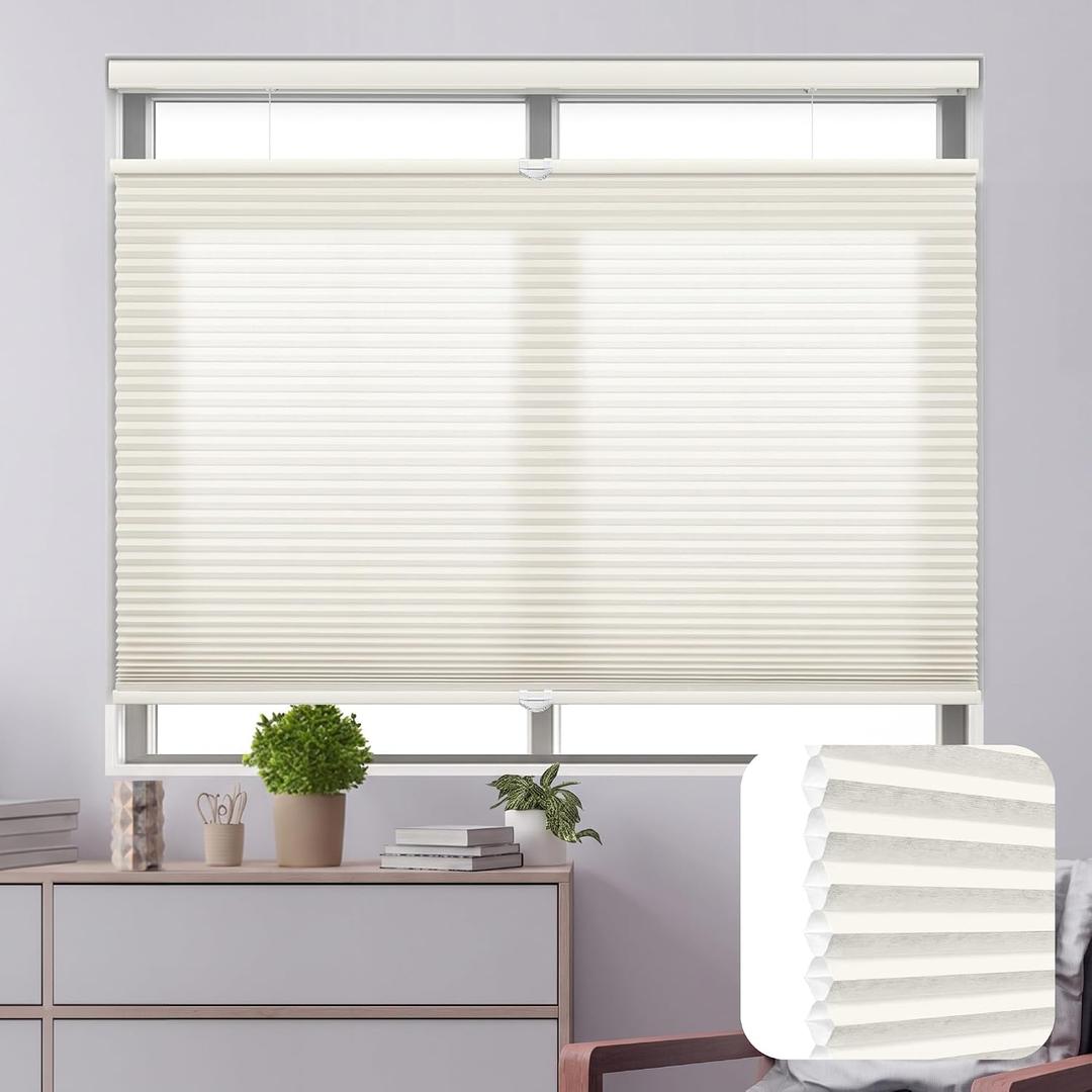 DEZ FURNISHINGS Cordless 1" Light Filtering Top Down Bottom Up Cellular Shade, 40"W x 64"H, Alabaster