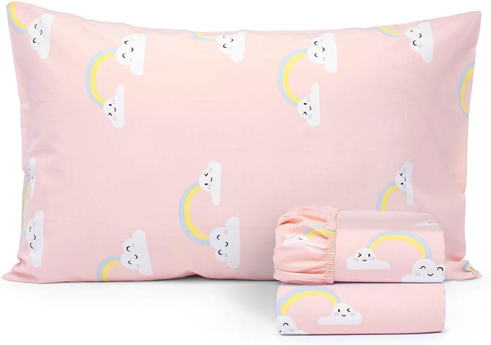 Salt Earth 100% Cotton 210TC Kids Bedsheet, Twin Sheets Set for Toddler Bed, 3 Piece Bedding Set Including Flat Sheet, Fitted Sheet, and Pillowcase, Themed Cute Sheets for Playful Kids Bed(Rainbow)