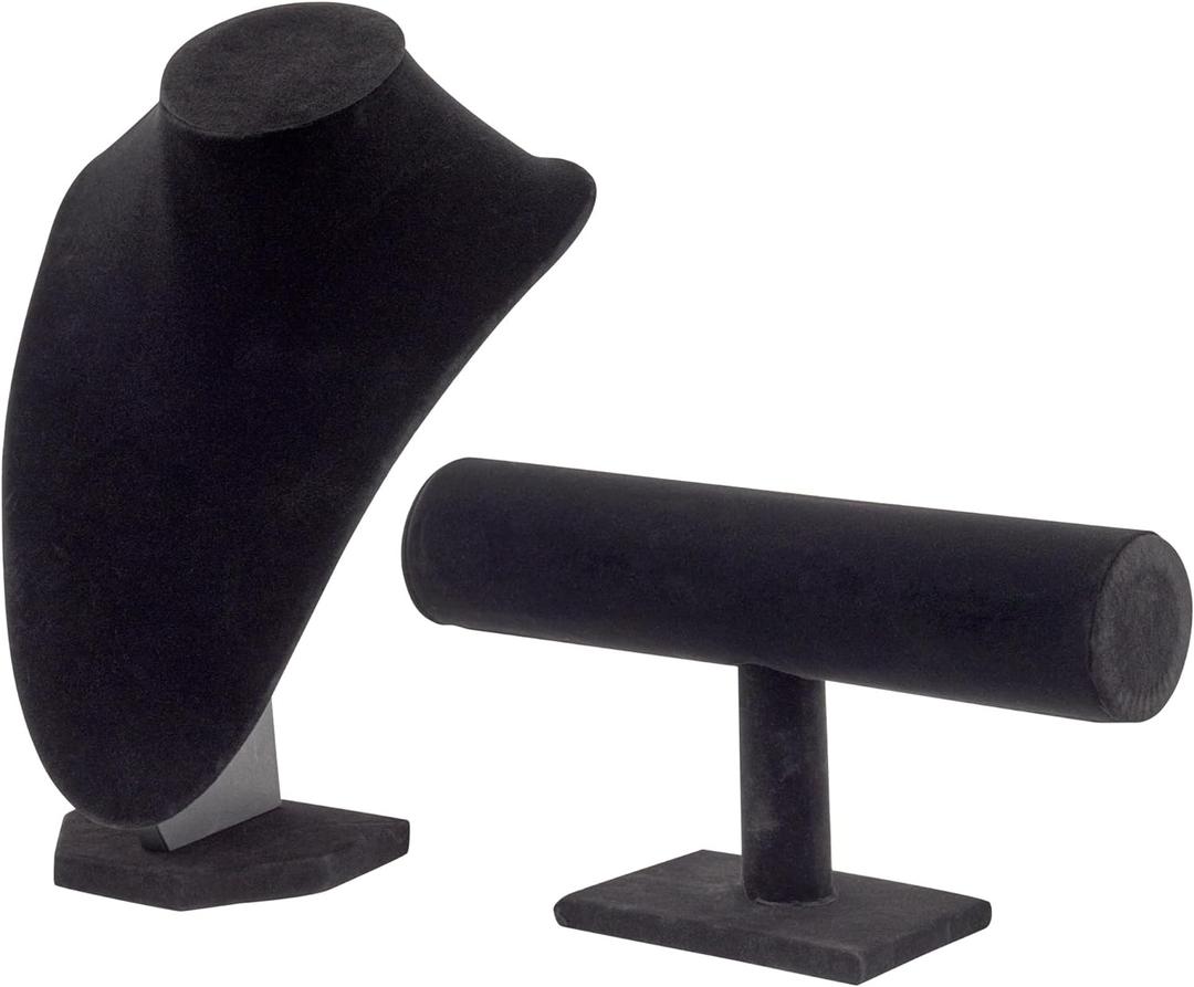 Juvale 2-Piece Black Velvet Jewelry Display Set, T-Bar Stand and Mannequin Bust for Necklaces, Bracelets, Bangles, Chains, Anklets, Earring Holder for Retail Shops, Boutiques
