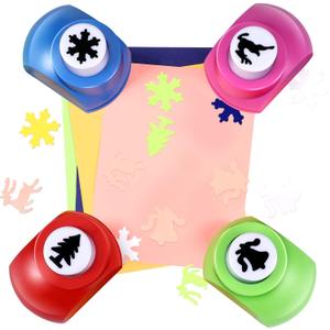4 Pcs Lever Action Punch Christmas Punch Deer, Bell, Snowflake, Christmas Tree Shape Cutters for Crafts Christmas Hole Punch Set for Paper Crafting Scrapbooking Cards Arts DIY Projects
