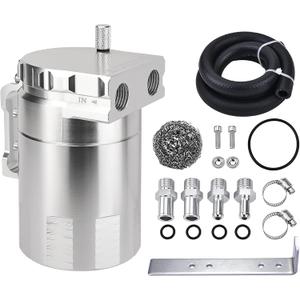 EVIL ENERGY Oil Catch Can, Universal Baffled Catch Can Kit with NBR Fuel Hose, 300ml Aluminum Air Oil Separator Tank for PCV System Silver (2.6 FT)