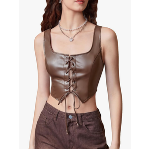 MakeMeChic Women's Faux Leather Top Sleeveless Lace Up PU Leather Crop Tank Top Vest, Size M