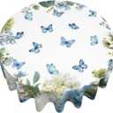 Spring Round Tablecloths 70 Inches Blue Hydrangea Butterfly Floral Decorative Round Tablecloth Summer Flower Washable Reusable Circle Table Cover for Home Kitchen Dining Room Party Outdoor