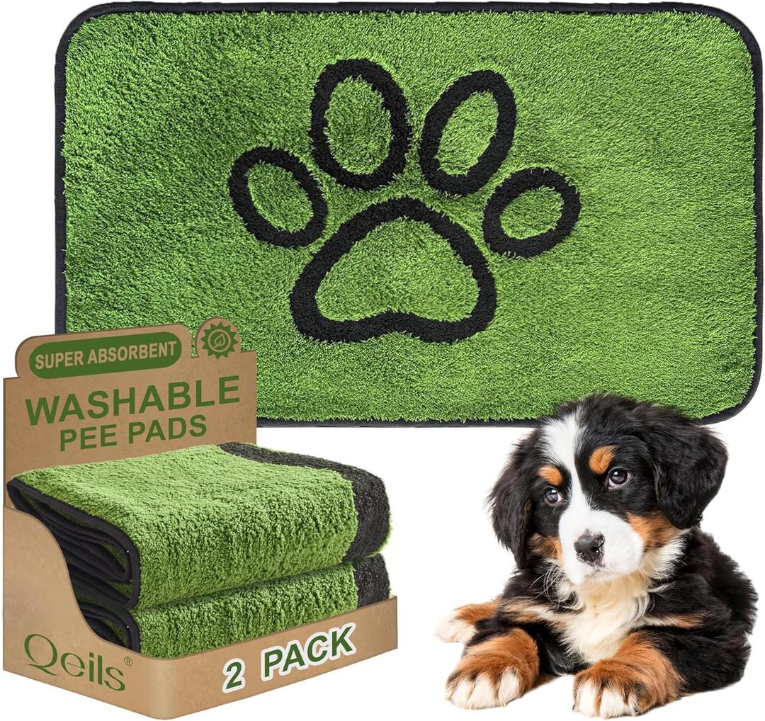 Qeils Reusable Dog Pee Pads, 2 Pack Super Absorbent & Leakproof Washable Puppy Pads with Soft Green Top Layer, for Potty Training, Crates, Couch, Car Seats & Pet Beds, 18"x 30"
