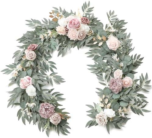 Floroom 6ft Artificial Eucalyptus Garland with Flowers Fake Greenery Faux Floral Vine Garland for Table Decor Wedding Centerpieces Bridal Shower Party Decorations, Garden Dusty Rose