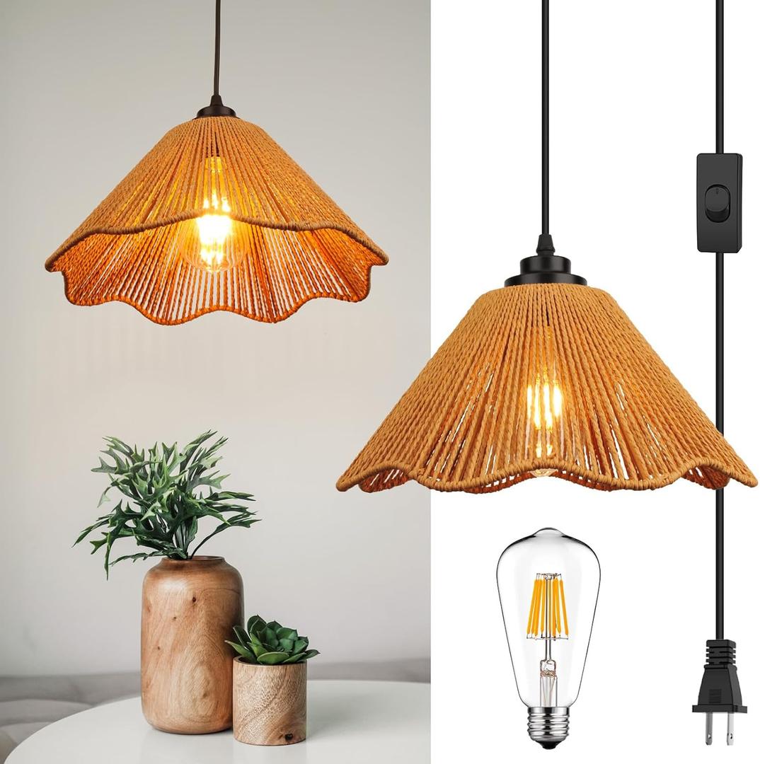 Plug in Pendant Light,Rattan Hanging Lights with Plug in Cord 13FT Hemp Black Cord, On/Off Switch Chandelier for Boho Living Room Bedroom KitchenBulb Included 12 x 6 inch (Umbra Wave-Brown (1-Pack))