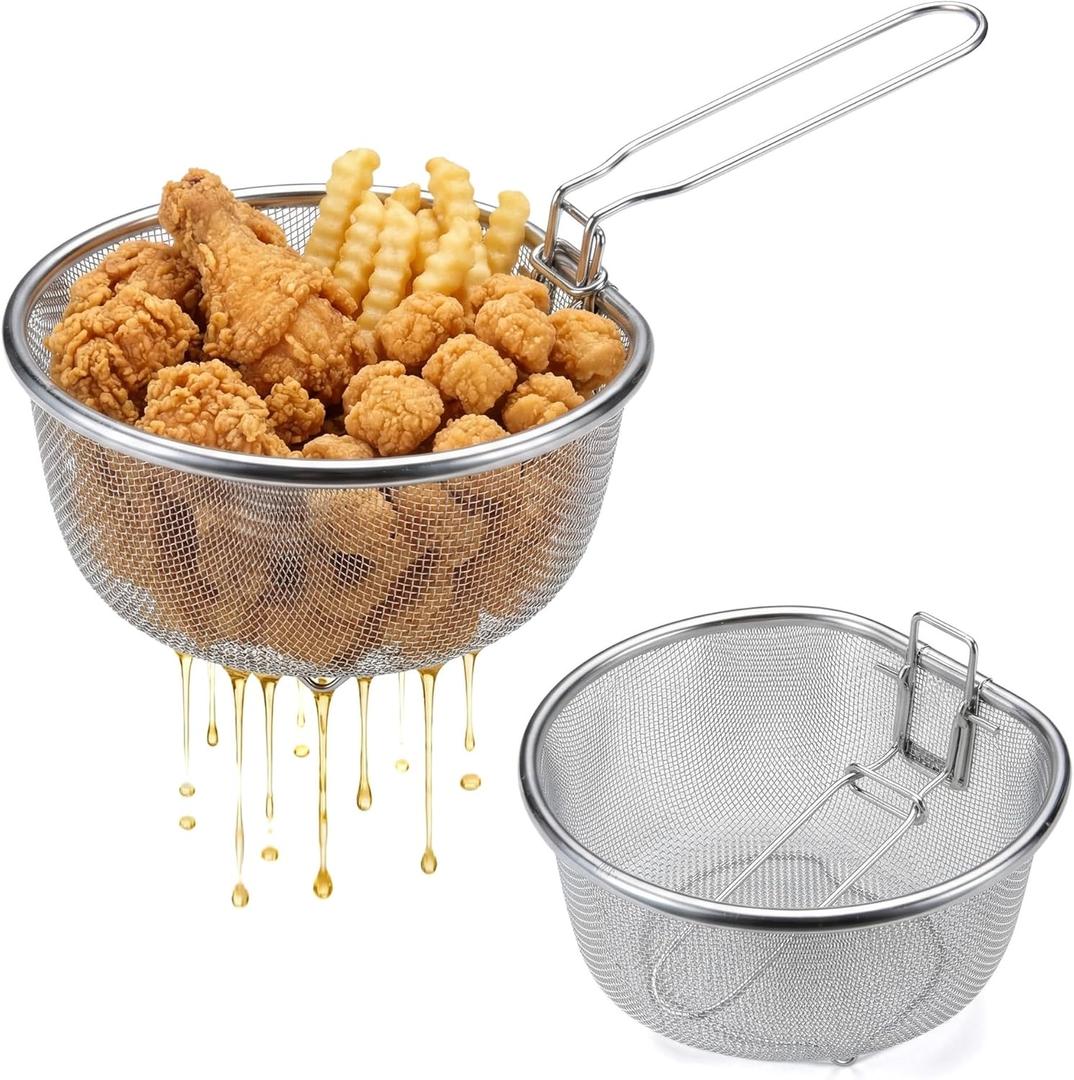 18/8 Food-Grade Deep Fryer Basket - Pasta & Frying Basket - Detachable Handle | Diamond Grid | Locking Clip | Oil Strainer for Pot & Produce Cleaning, 8.3 inch + Silicone Oil Bottle Brush with Lid and Air Fryer Pad Paper