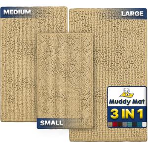 Muddy Mat Pack of 3 Highly Absorbent Microfiber Dog Door Mat and Pet Rug, Non Slip Thick Washable Area Mat Soft Chenille for Kitchen Bathroom Bedroom and Outdoor - Beige Small, Medium & Large