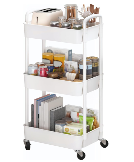 Sywhitta 3-Tier Plastic Rolling Utility Cart with Handle, Multi-Functional Storage Trolley for Office, Living Room, Kitchen, Movable Storage Organizer with Wheels, White