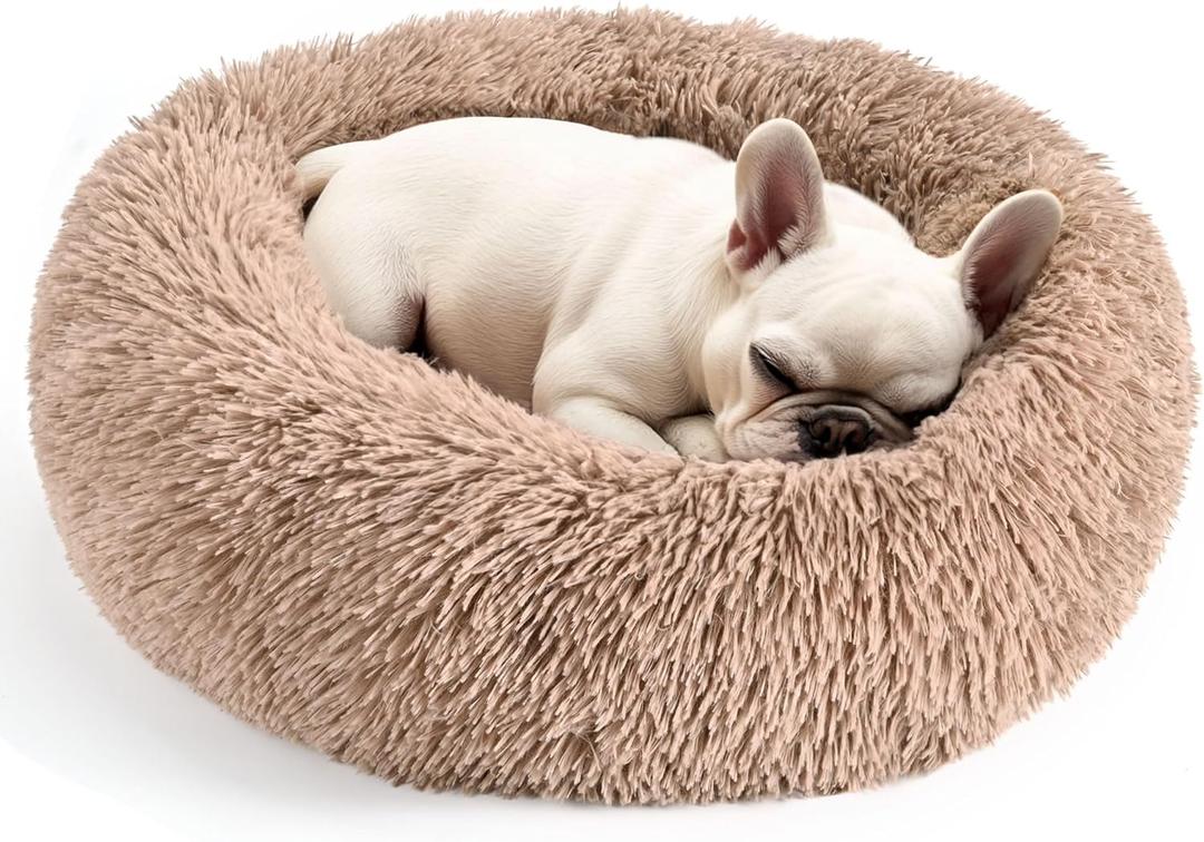 Hoewina Dog & Cat Bed for Indoor Cats, 20in Calming Donut Bed for Puppy and Kitten, Washable Round Fluffy Pet Bed for Small Medium Dogs and Cats (Camel)