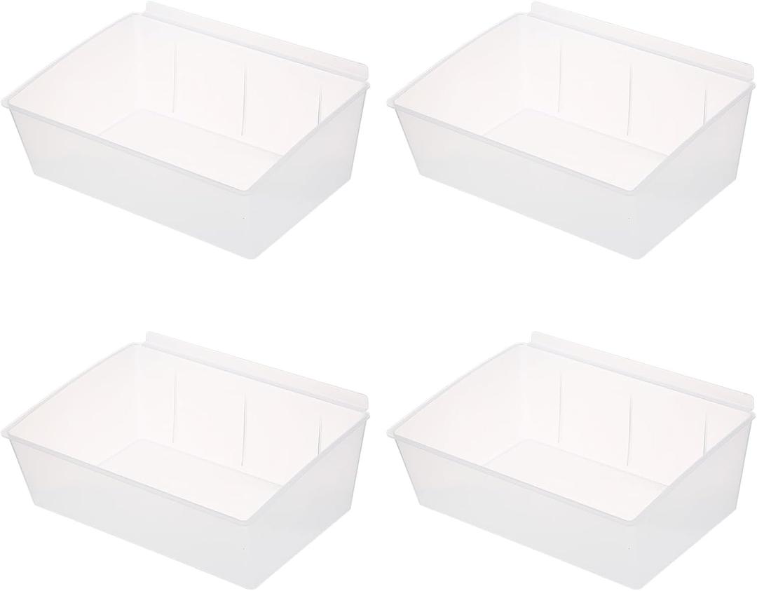 Slatwall Bins 4 Pcs Large Slatwall Organizer for Garage Plastic Slatwall Storage Bins for Storing Garage Accessories Multiple Stackable Slat Wall Tool Organizer for Workshops, Shopping Malls (Clear)