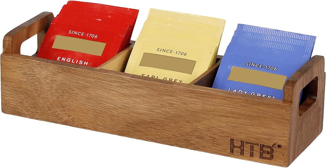 HTB Small Tea Bag Box Wooden, 3 Compartments Acacia Wood Tea Bag Chest with Handle, Mini Countertop Divided Storage Container for Beverage Supplies, Sugar, Sweeteners, Individual Packets (Acaica Wood ) Pack Of 1