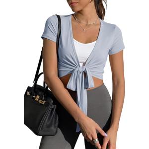 Fisoew Womens Wrap Tie Tops Short Sleeve Ballet Pilates Yoga Crop Shirts Y2k Workout Deep V Neck Casual Wrap Tops, M