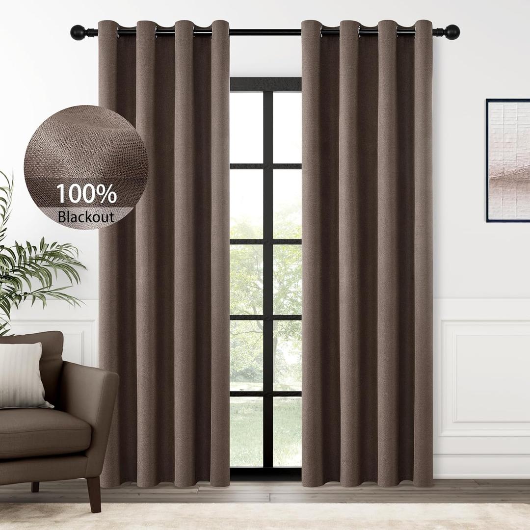 ChrisDowa 100% Blackout Brown Solid Curtains 84 Inches Long 2 Panels for Bedroom Living Room,Farmhouse Room Darkening Thermal Insulated Soundproof Grommet Top Window Treatment Drapes,52x84