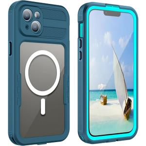Phone Case Compatible with iPhone 15 Plus, Magnetic Waterproof DropProof DirtProof Snowproof Anti-Scratch Heavy Duty Full Body Protect Built in Screen Protector Rugged 6.7 inch (Cyan-sky blue)