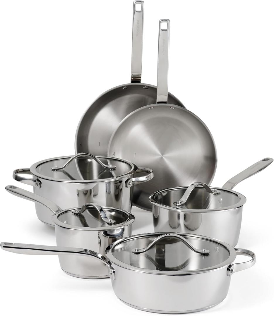 Tramontina Tempo Tri-Ply Base Stainless Steel 10-Piece Cookware Set with Glass Lids, Pots and Pans Kitchen Set, Induction-Ready, Oven-Safe, Dishwasher-Safe