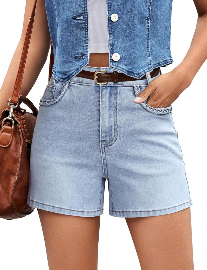 luvamia Jean Shorts for Women Trendy Wide Leg Mid Thigh Casual Summer Stretchy Denim Shorts Jorts with Braided Pockets (Blue, M)