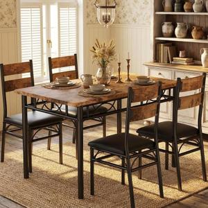 IDEALHOUSE 5 Piece Dining Table Set for 4, Rectangular Kitchen Table and Chairs for 4, Upholstered High Back Chairs, Thick Sturdy Frame, Dinner Dinette Set, Space Saving for Apartment, Rustic Brown