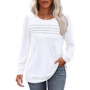 OFEEFAN Long Sleeve Shirts for Women Fall Fashion 2025 Dressy Casual Blouses Trendy Pleated Tunic Tops for Leggings (Large)