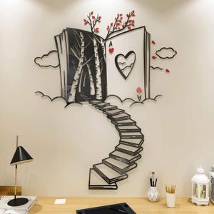 DecorSmart Alice in Wonderland Decorations Wall Decor for Bedroom with Stairs of Books, Trees and Ace of Hearts, Mad Hatters Tea Party Removable DIY Acrylic Wall Stickers Decorations