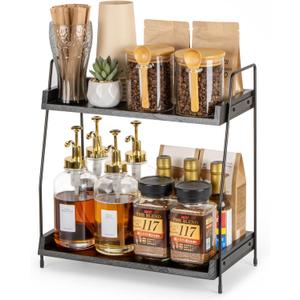 2-Tier Coffee Station Organizer, Wooden Kitchen Counter Shelf - Black