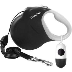 PetiFine Retractable Dog Leash with Dispenser and Poop Bags,30 FT Heavy Duty Dog Walking Leash for Medium/Large Dogs up to 110 lbs, 360 Tangle-Free Long Retract Dog Lead, One-Hand Brake, Black