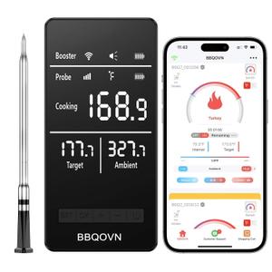 BBQOVN Smart WiFi Wireless Meat Thermometer, Sub-1G Long Range 1000FT, 7 NIST Certified Sensors in 1 Thin Probe 0.5 Accuracy, Standalone Base with Large LED Screen for BBQ Grill Smoker Oven-Black