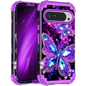 Miqala for Google Pixel 9 Pro XL Case, Glow in The Dark Three Layer Heavy Duty Shockproof Full Body Protection Hard Plastic Bumper+Soft Silicone Case for Google Pixel 9 Pro XL, Dark Butterfly