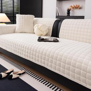 Velvet Couch Covers for Sofa, Sofa Covers Washable Sectional, Large Anti-Slip Sofa Slipcovers for 3-4 Cusions and L-Shaped Sofas(1pc, Beige White, 36"71")