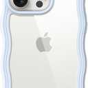 JETech Cute Case for iPhone 15 Pro 6.1-Inch, Wave Frame Curly Shape Shockproof Phone Cover for Women and Girls, Clear Hard PC Back (Blue)