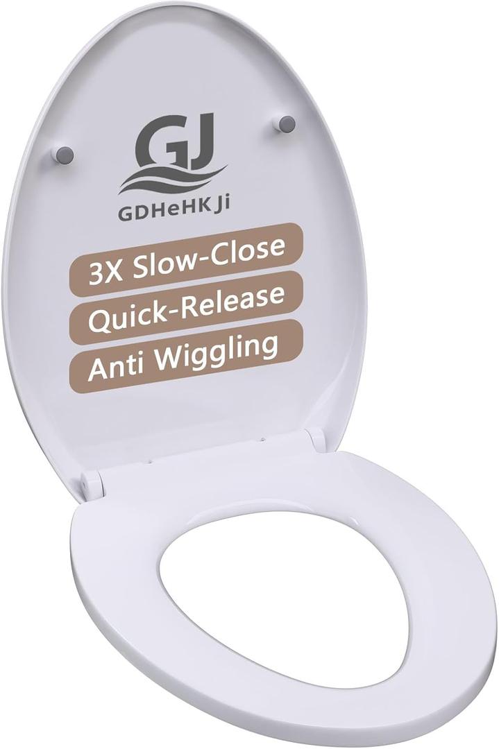 Toilet seat Elongated with Slow Close Hinges, Never Loosen and Easily Remove,easy cleaning Plastic, White (17.72"L x 14.37"W)