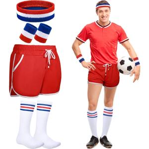 6 Pcs 80s Costume for Men 90s Workout Outfit Set Shorts Striped Sweatbands Headband Socks for Women Party Cosplay