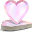 Yungyan 50 Pcs Pink Heart Shaped Dessert Plates, Holographic Disposable Paper Plates Iridescent Foil Paper Dishes for Valentine's Day Birthday Wedding Party Decorations Supplies