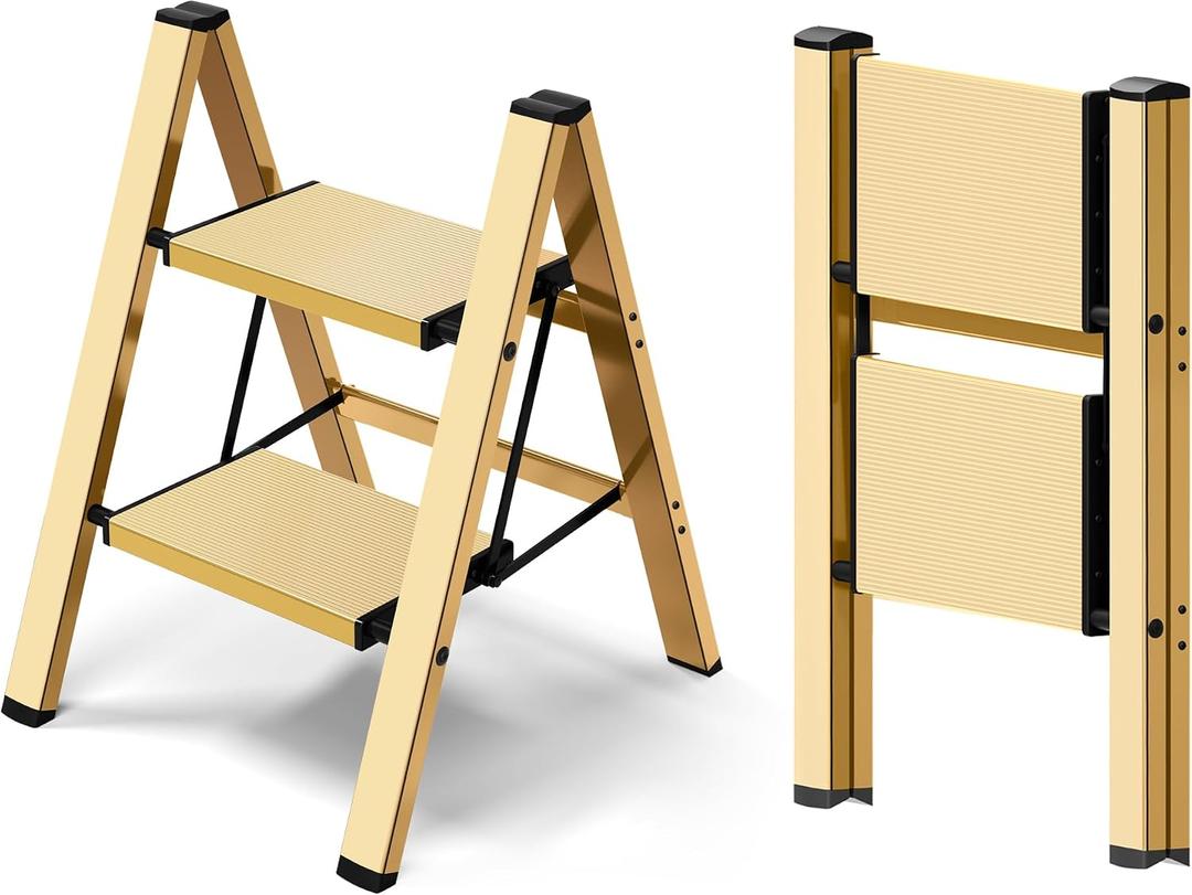 Taranta 2 Step Ladder, Aluminum Lightweight Folding 2 Step Stool with Anti-Slip Wide Pedal,330lbs Capacity Step Ladder for Household, Kitchen, Office - Gold