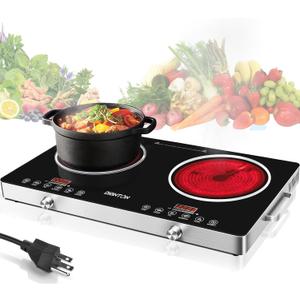 2 Burner Electric Cooktop, 2200W+2200W 110V Electric Double Burner with 3H Timer, Adjustable Temperature for Countertop Cooking, Portable Stove Top Infrared Cooker, Compatible for All Cookware