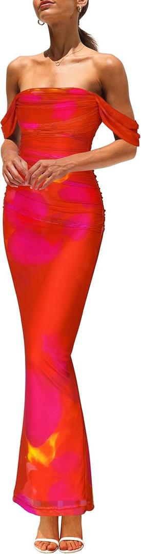 PRETTYGARDEN Maxi Dresses for Women 2025 Summer Elegant Floral Off Shoulder Ruched Mesh Cocktail Wedding Guest Dress (Medium, Orange Red Big Floral)