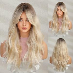 Long Blonde Wavy Wigs for Women 26 Inch Charming Ombre Curly Wigs with Black Root Natural Looking Synthetic Layered Wig for Daily Party Use